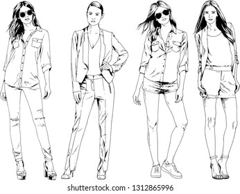 vector drawings on the theme of beautiful slim sporty girl in casual clothes in various poses painted ink hand sketch with no background