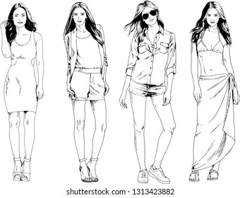 vector drawings on the theme of beautiful slim sporty girl in casual clothes in various poses painted ink hand sketch with no background