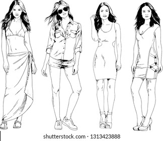 vector drawings on the theme of beautiful slim sporty girl in casual clothes in various poses painted ink hand sketch with no background