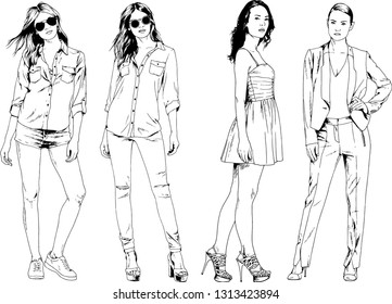 vector drawings on the theme of beautiful slim sporty girl in casual clothes in various poses painted ink hand sketch with no background