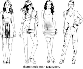 vector drawings on the theme of beautiful slim sporty girl in casual clothes in various poses painted ink hand sketch with no background