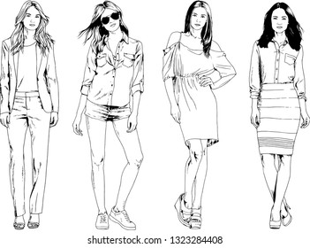 vector drawings on the theme of beautiful slim sporty girl in casual clothes in various poses painted ink hand sketch with no background
