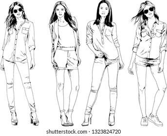 vector drawings on the theme of beautiful slim sporty girl in casual clothes in various poses painted ink hand sketch with no background