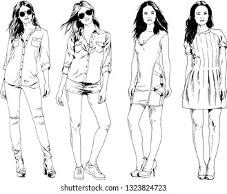 vector drawings on the theme of beautiful slim sporty girl in casual clothes in various poses painted ink hand sketch with no background