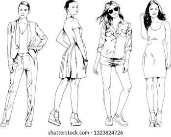 vector drawings on the theme of beautiful slim sporty girl in casual clothes in various poses painted ink hand sketch with no background