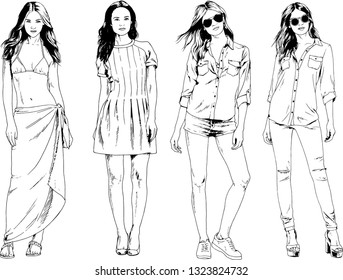 vector drawings on the theme of beautiful slim sporty girl in casual clothes in various poses painted ink hand sketch with no background