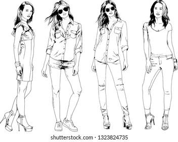 vector drawings on the theme of beautiful slim sporty girl in casual clothes in various poses painted ink hand sketch with no background