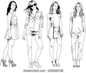 vector drawings on the theme of beautiful slim sporty girl in casual clothes in various poses painted ink hand sketch with no background