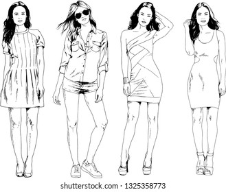 vector drawings on the theme of beautiful slim sporty girl in casual clothes in various poses painted ink hand sketch with no background