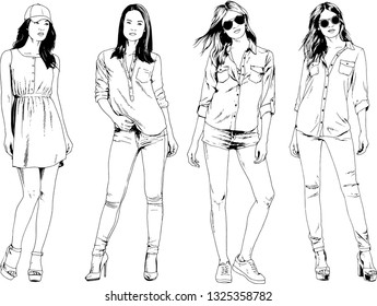 vector drawings on the theme of beautiful slim sporty girl in casual clothes in various poses painted ink hand sketch with no background