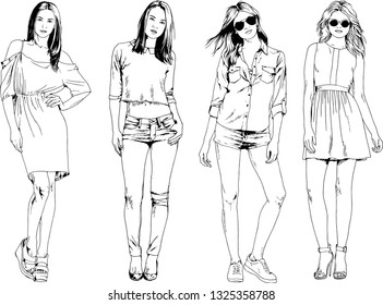 vector drawings on the theme of beautiful slim sporty girl in casual clothes in various poses painted ink hand sketch with no background