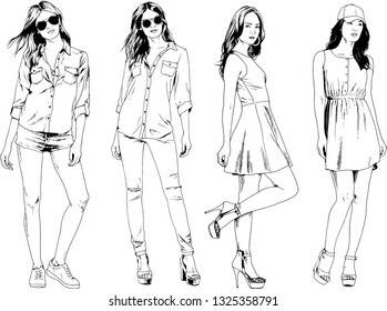 vector drawings on the theme of beautiful slim sporty girl in casual clothes in various poses painted ink hand sketch with no background