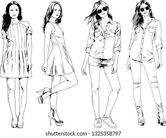 vector drawings on the theme of beautiful slim sporty girl in casual clothes in various poses painted ink hand sketch with no background