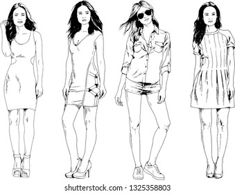 vector drawings on the theme of beautiful slim sporty girl in casual clothes in various poses painted ink hand sketch with no background