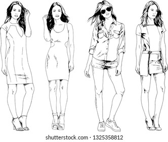 vector drawings on the theme of beautiful slim sporty girl in casual clothes in various poses painted ink hand sketch with no background