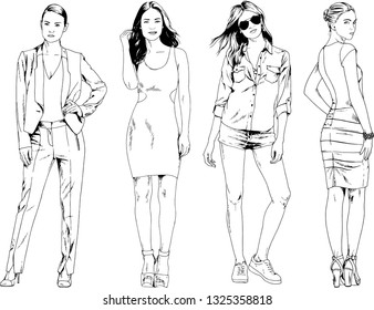 vector drawings on the theme of beautiful slim sporty girl in casual clothes in various poses painted ink hand sketch with no background