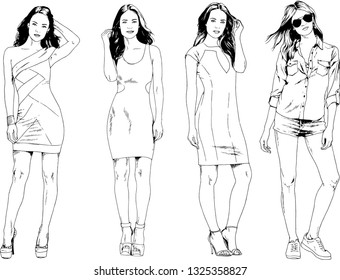 vector drawings on the theme of beautiful slim sporty girl in casual clothes in various poses painted ink hand sketch with no background