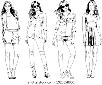 vector drawings on the theme of beautiful slim sporty girl in casual clothes in various poses painted ink hand sketch with no background