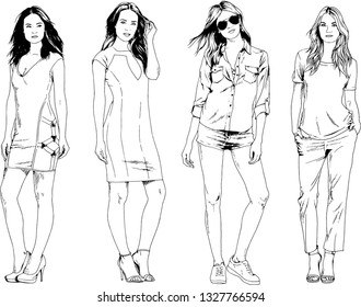vector drawings on the theme of beautiful slim sporty girl in casual clothes in various poses painted ink hand sketch with no background