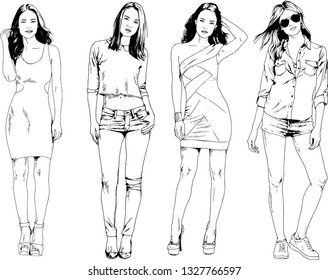 vector drawings on the theme of beautiful slim sporty girl in casual clothes in various poses painted ink hand sketch with no background
