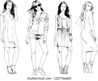 vector drawings on the theme of beautiful slim sporty girl in casual clothes in various poses painted ink hand sketch with no background