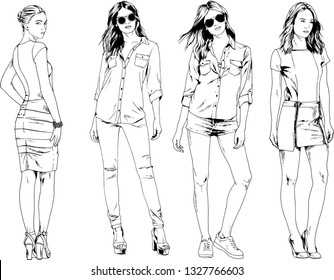 vector drawings on the theme of beautiful slim sporty girl in casual clothes in various poses painted ink hand sketch with no background
