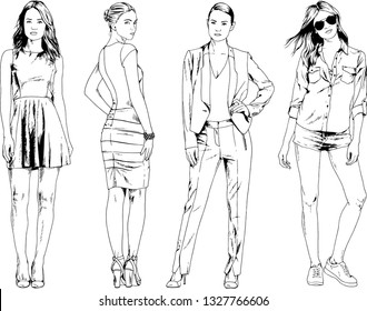 vector drawings on the theme of beautiful slim sporty girl in casual clothes in various poses painted ink hand sketch with no background