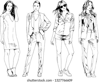 vector drawings on the theme of beautiful slim sporty girl in casual clothes in various poses painted ink hand sketch with no background