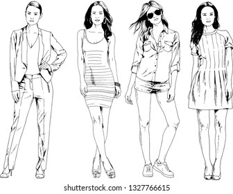 vector drawings on the theme of beautiful slim sporty girl in casual clothes in various poses painted ink hand sketch with no background