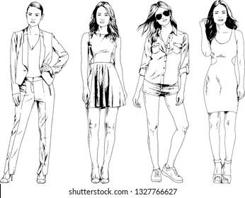 vector drawings on the theme of beautiful slim sporty girl in casual clothes in various poses painted ink hand sketch with no background