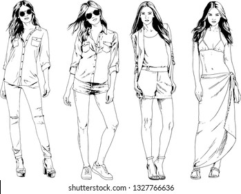 vector drawings on the theme of beautiful slim sporty girl in casual clothes in various poses painted ink hand sketch with no background