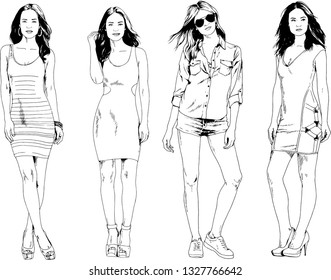 vector drawings on the theme of beautiful slim sporty girl in casual clothes in various poses painted ink hand sketch with no background