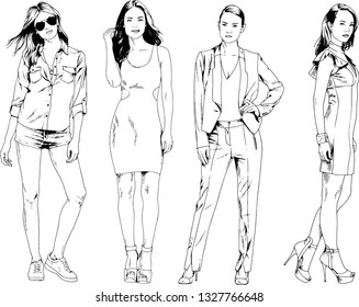 vector drawings on the theme of beautiful slim sporty girl in casual clothes in various poses painted ink hand sketch with no background