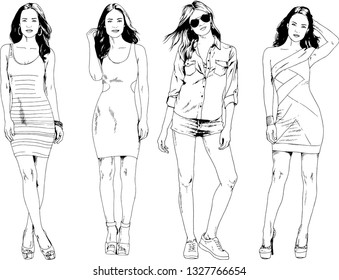 vector drawings on the theme of beautiful slim sporty girl in casual clothes in various poses painted ink hand sketch with no background