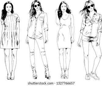 vector drawings on the theme of beautiful slim sporty girl in casual clothes in various poses painted ink hand sketch with no background