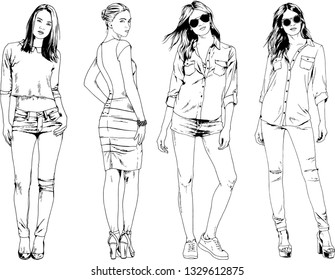 vector drawings on the theme of beautiful slim sporty girl in casual clothes in various poses painted ink hand sketch with no background