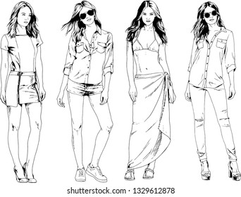 vector drawings on the theme of beautiful slim sporty girl in casual clothes in various poses painted ink hand sketch with no background