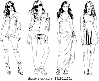 vector drawings on the theme of beautiful slim sporty girl in casual clothes in various poses painted ink hand sketch with no background