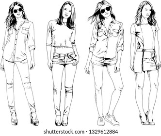 vector drawings on the theme of beautiful slim sporty girl in casual clothes in various poses painted ink hand sketch with no background