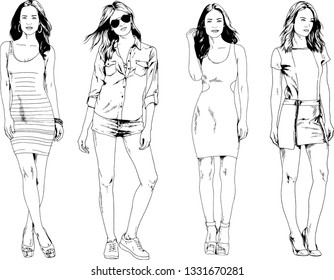 vector drawings on the theme of beautiful slim sporty girl in casual clothes in various poses painted ink hand sketch with no background