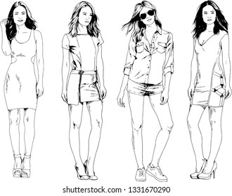 vector drawings on the theme of beautiful slim sporty girl in casual clothes in various poses painted ink hand sketch with no background