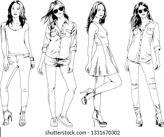 vector drawings on the theme of beautiful slim sporty girl in casual clothes in various poses painted ink hand sketch with no background