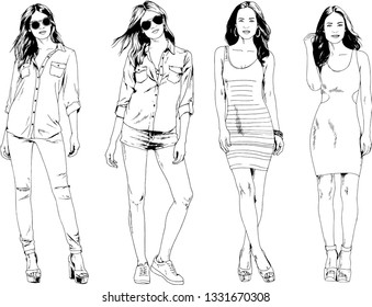 vector drawings on the theme of beautiful slim sporty girl in casual clothes in various poses painted ink hand sketch with no background