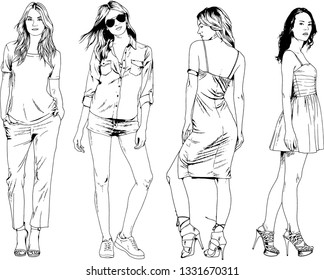 vector drawings on the theme of beautiful slim sporty girl in casual clothes in various poses painted ink hand sketch with no background