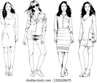 vector drawings on the theme of beautiful slim sporty girl in casual clothes in various poses painted ink hand sketch with no background