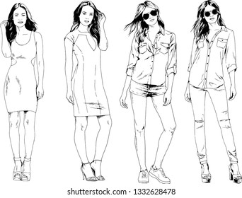 vector drawings on the theme of beautiful slim sporty girl in casual clothes in various poses painted ink hand sketch with no background