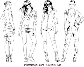 vector drawings on the theme of beautiful slim sporty girl in casual clothes in various poses painted ink hand sketch with no background