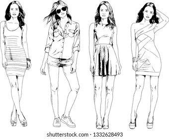 vector drawings on the theme of beautiful slim sporty girl in casual clothes in various poses painted ink hand sketch with no background