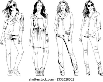 vector drawings on the theme of beautiful slim sporty girl in casual clothes in various poses painted ink hand sketch with no background