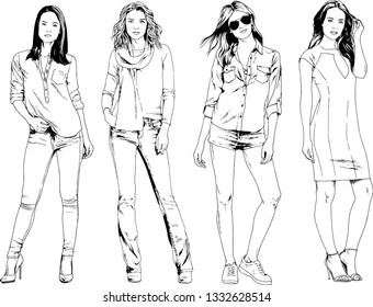 vector drawings on the theme of beautiful slim sporty girl in casual clothes in various poses painted ink hand sketch with no background